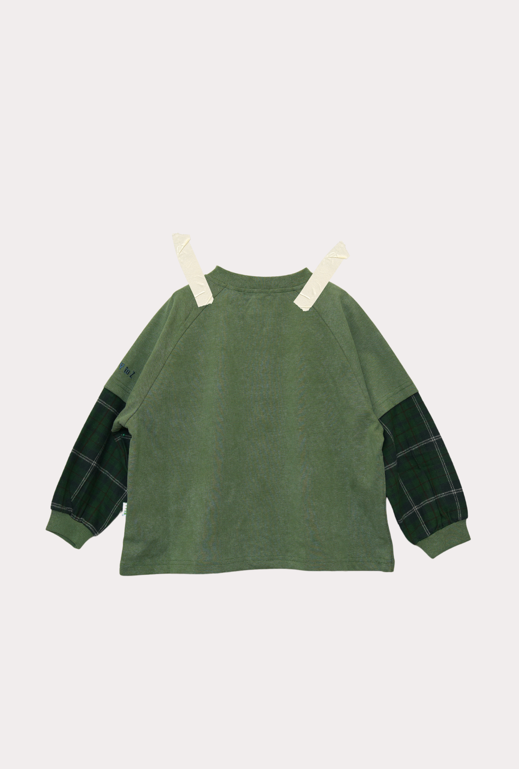 Back of hunter Green Ollie double-sleeve top with plaid detail on a light gray background FYTZ From Y to Z