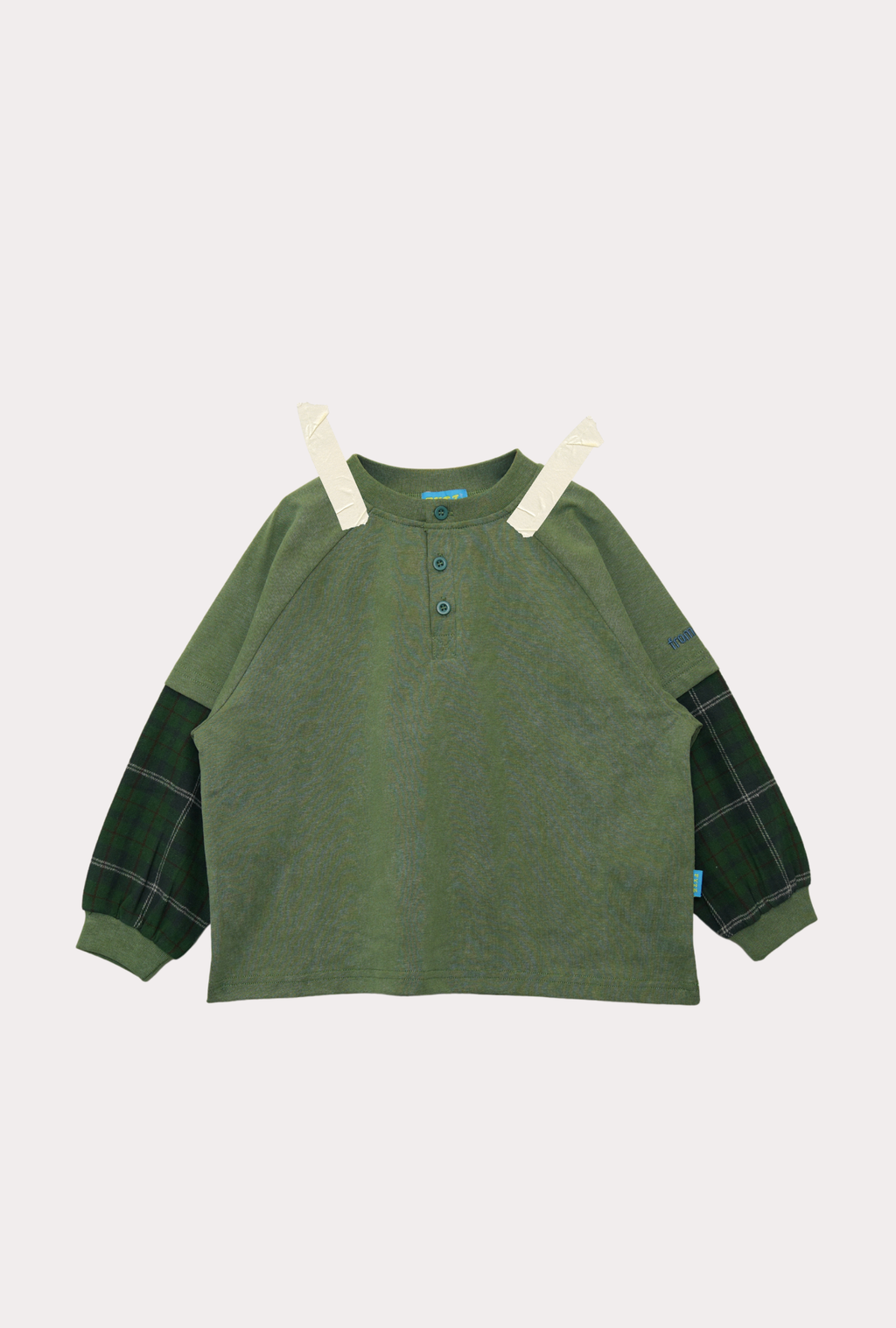 Kids double-sleeve raglan henley top in hunter green with plaid detail — Ollie Top by From Y To Z