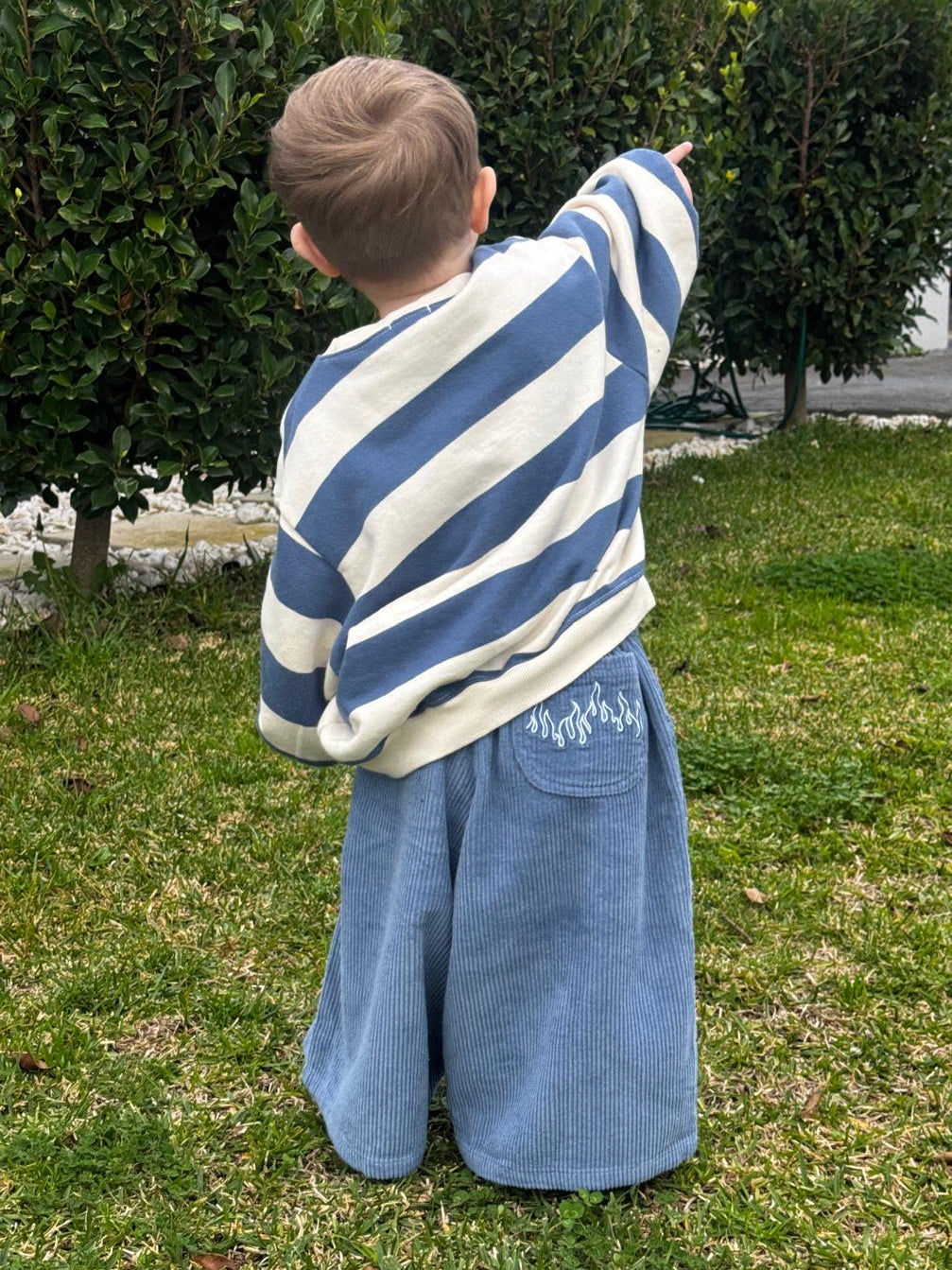 Toddler standing on grass pointing wearing the blaze cords in blue flame