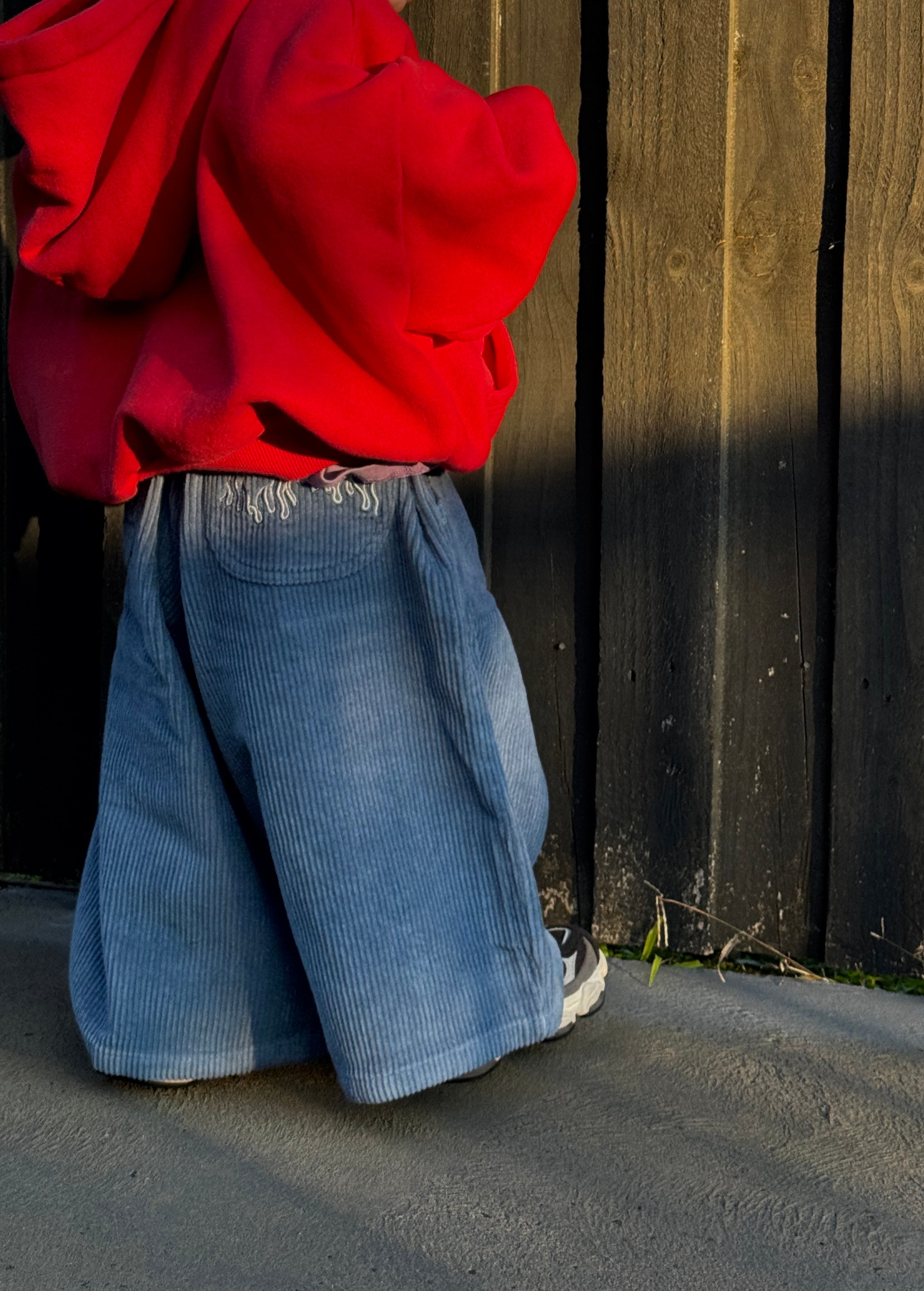 Toddler standing next to wooden fence wearing Blaze cords in blue flame
